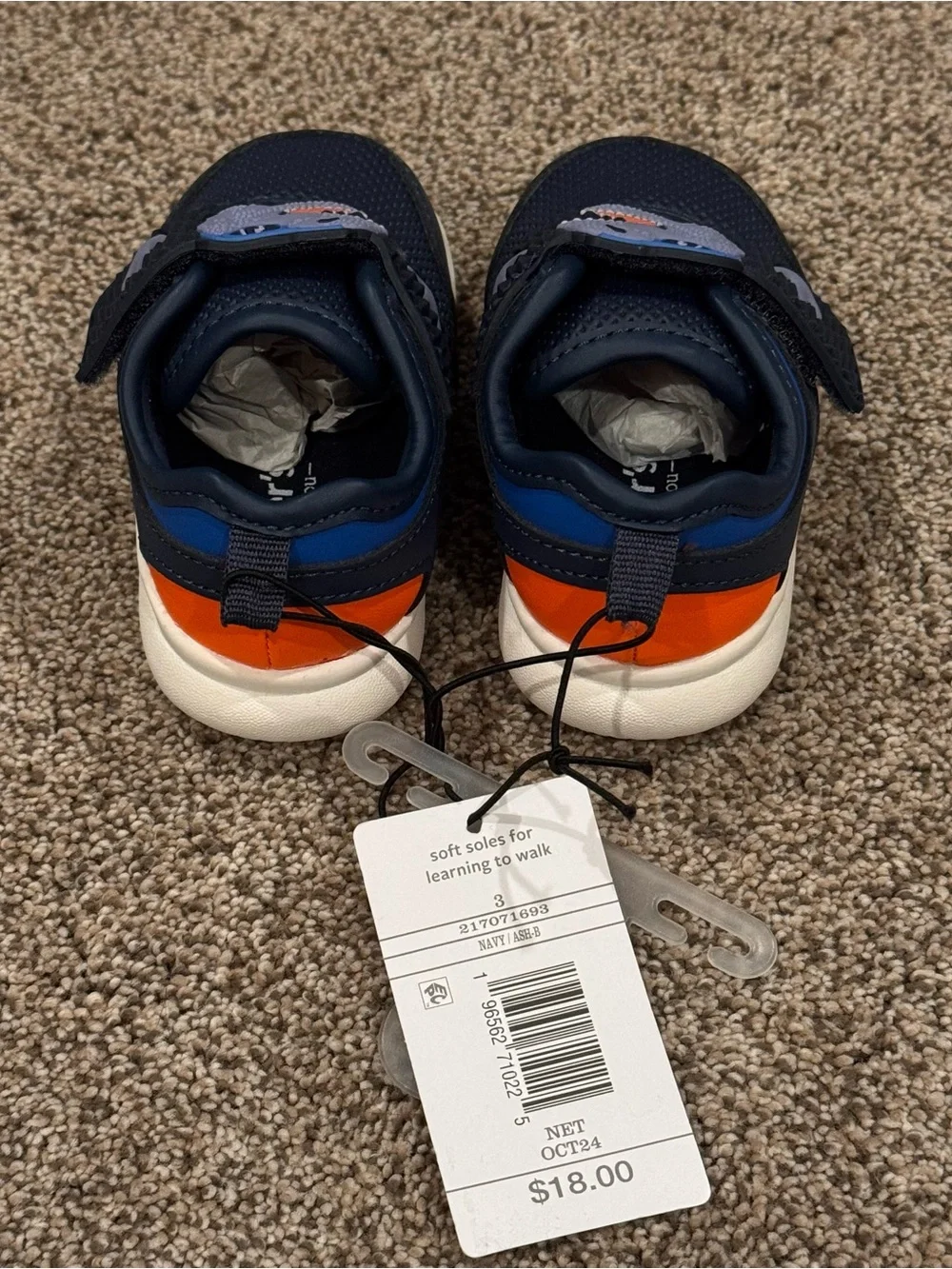 Kids Navy Dinosaur Sneakers with Hook and Loop Strap-Toddler Size 3